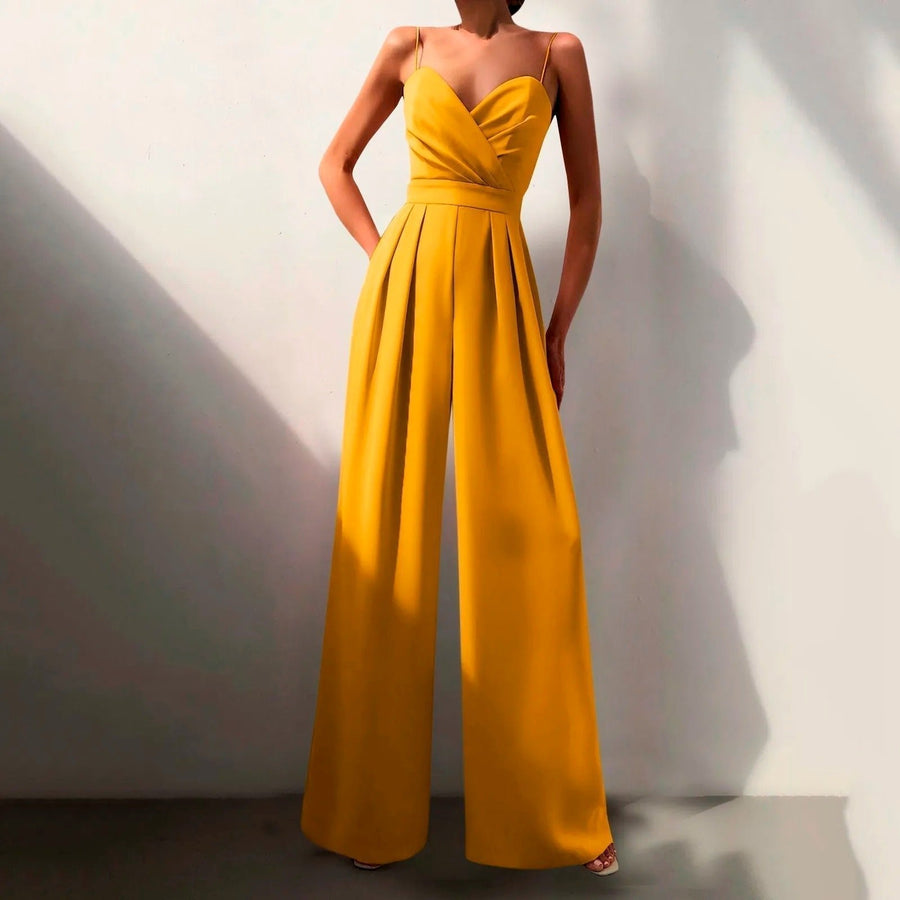 Luna | Women's Sweetheart Neck Spaghetti Strap Wide Leg Pants Jumpsuit Yellow