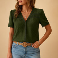 Camila | Women's Swiss Dot Lace-Trim V-Neck Short-Sleeve Blouse Army Green