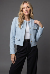 Victoria | Women's Tweed Cropped Blazer Round Neck Gold Buttons Light Blue