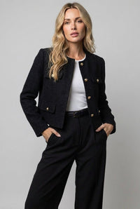 Victoria | Women's Tweed Cropped Blazer Round Neck Gold Buttons Black