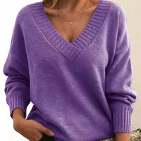 Grace | Women's V-Neck Long Sleeve Cashmere Blend Knit Sweater Purple