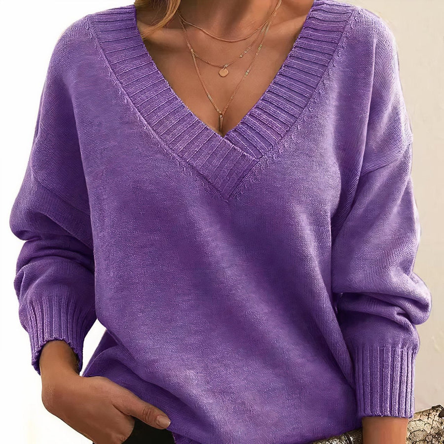 Grace | Women's V-Neck Long Sleeve Cashmere Blend Knit Sweater Purple