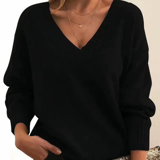 Grace | Women's V-Neck Long Sleeve Cashmere Blend Knit Sweater Black