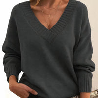 Grace | Women's V-Neck Long Sleeve Cashmere Blend Knit Sweater Dark Gray
