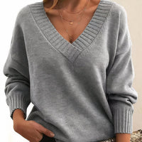 Grace | Women's V-Neck Long Sleeve Cashmere Blend Knit Sweater Gray