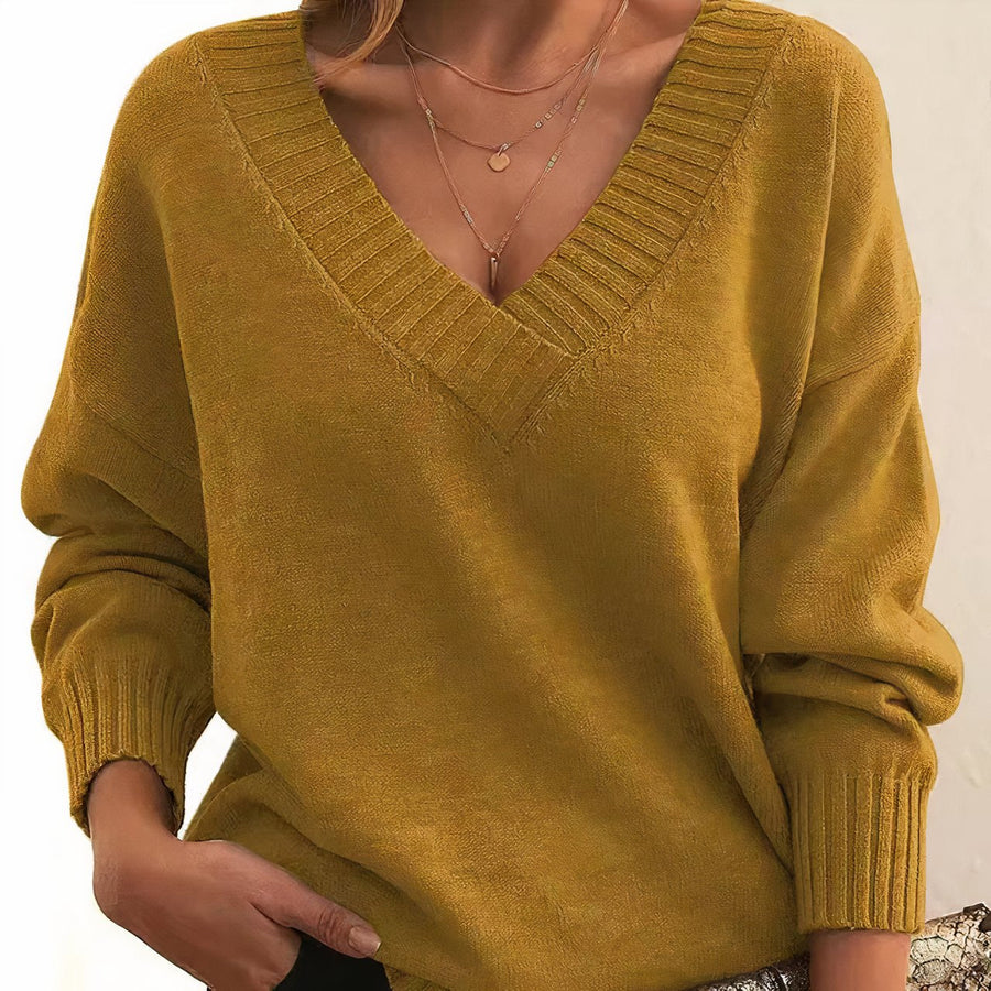 Grace | Women's V-Neck Long Sleeve Cashmere Blend Knit Sweater Gold