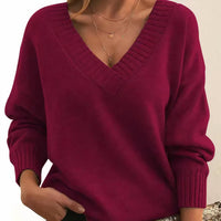 Grace | Women's V-Neck Long Sleeve Cashmere Blend Knit Sweater Red