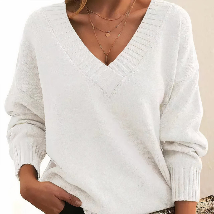 Grace | Women's V-Neck Long Sleeve Cashmere Blend Knit Sweater White