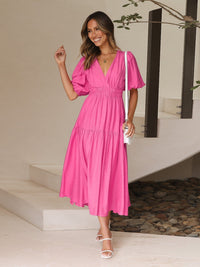 Eleanor | Women's V-Neck Puff Sleeve Midi Dress Smocked Waist Pink