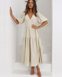 Eleanor | Women's V-Neck Puff Sleeve Midi Dress Smocked Waist Cream
