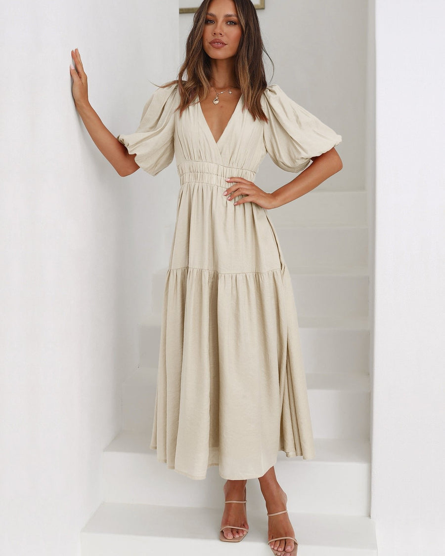Eleanor | Women's V-Neck Puff Sleeve Midi Dress Smocked Waist Cream