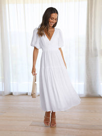 Eleanor | Women's V-Neck Puff Sleeve Midi Dress Smocked Waist White