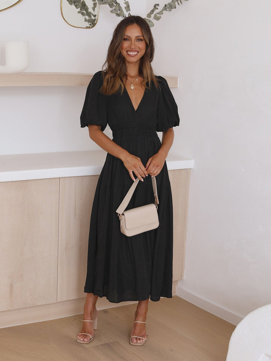 Eleanor | Women's V-Neck Puff Sleeve Midi Dress Smocked Waist Black