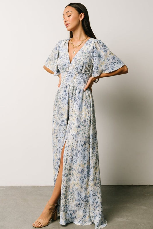 Womens Verona Smocked Maxi Dress White + Blue Print Size: XS