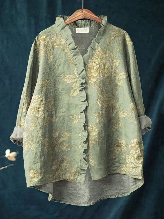 Victoria | Women's Vintage Floral Linen Ruffle-Neck Blouse S
