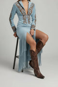 Isabella | Women's Western Fringe Long-Sleeve Evening Gown Maxi Dress
