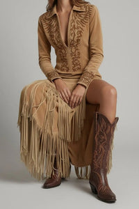 Isabella | Women's Western Fringe Long-Sleeve Evening Gown Maxi Dress Light brown
