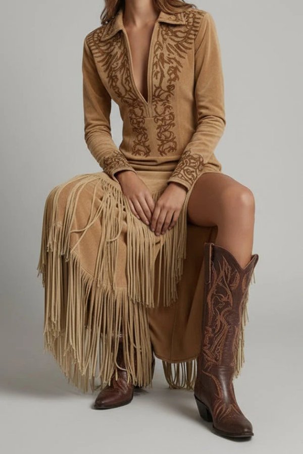 Isabella | Women's Western Fringe Long-Sleeve Evening Gown Maxi Dress Light brown