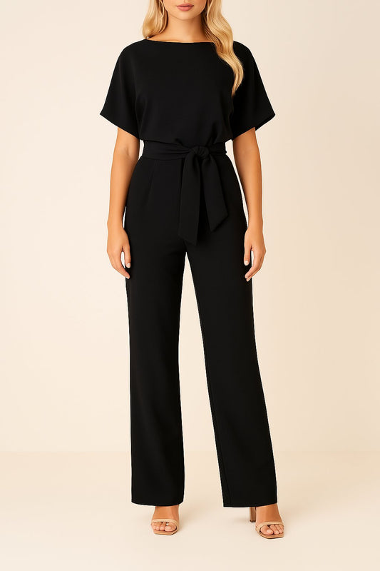 Isabella | Women's Wide Leg Jumpsuit Short Sleeve Belted Black