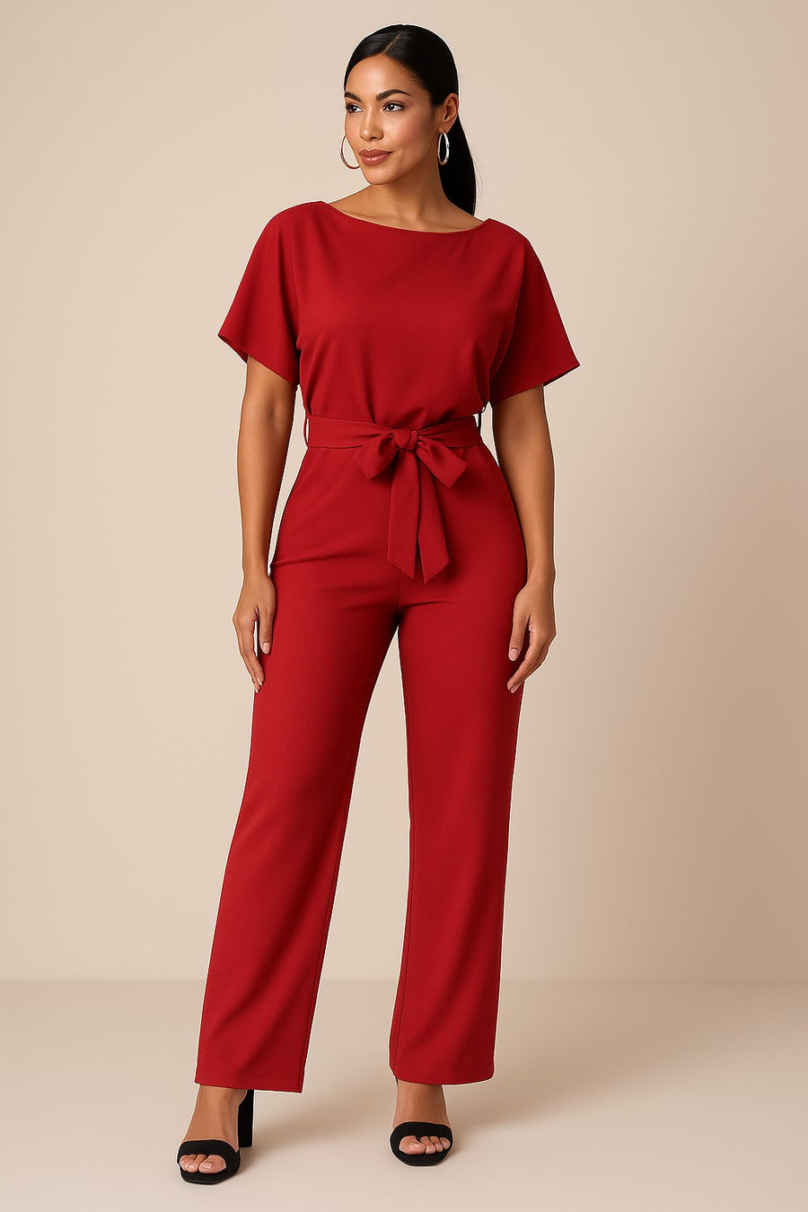 Isabella | Women's Wide Leg Jumpsuit Short Sleeve Belted Red