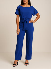Isabella | Women's Wide Leg Jumpsuit Short Sleeve Belted Blue