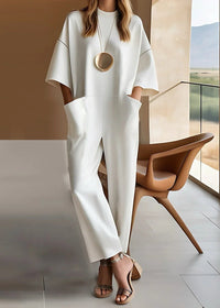Grace | Women's Wide Leg Jumpsuit Short Sleeve Crew Neck White