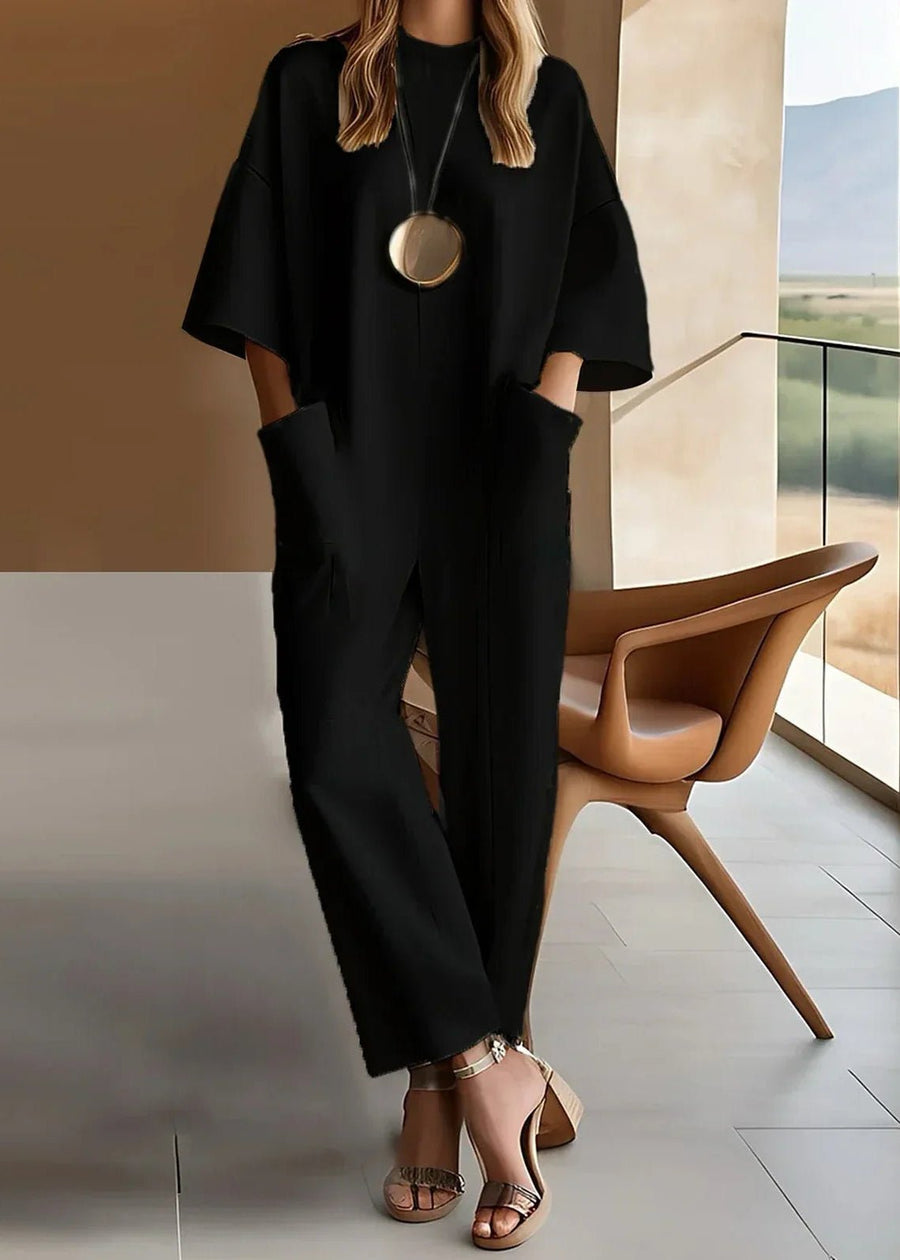 Grace | Women's Wide Leg Jumpsuit Short Sleeve Crew Neck Black