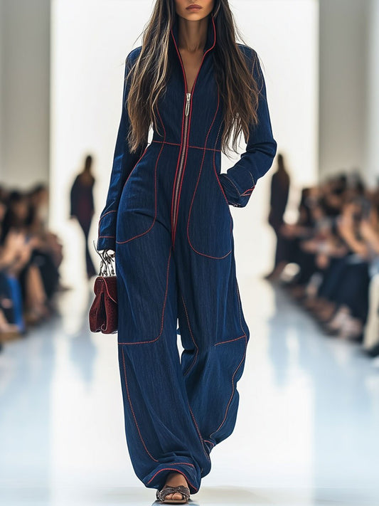 Luna | Women's Wide Leg Long Sleeve Zip-Front Jumpsuit Dark Blue