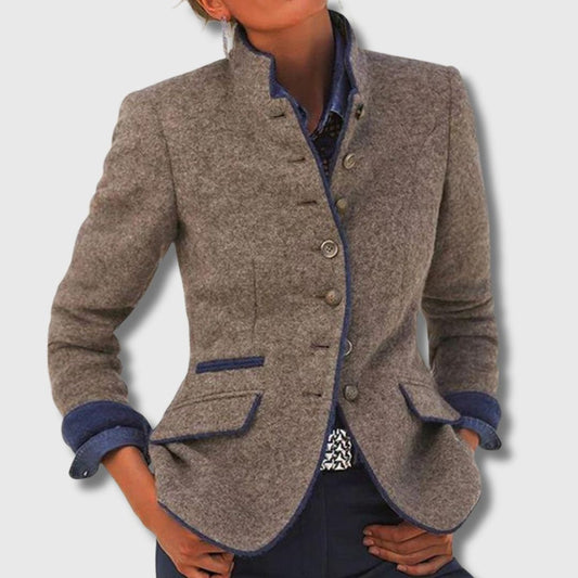 Madison | Women's Wool Blazer Stand-up Collar Button-Front Tailored Brown