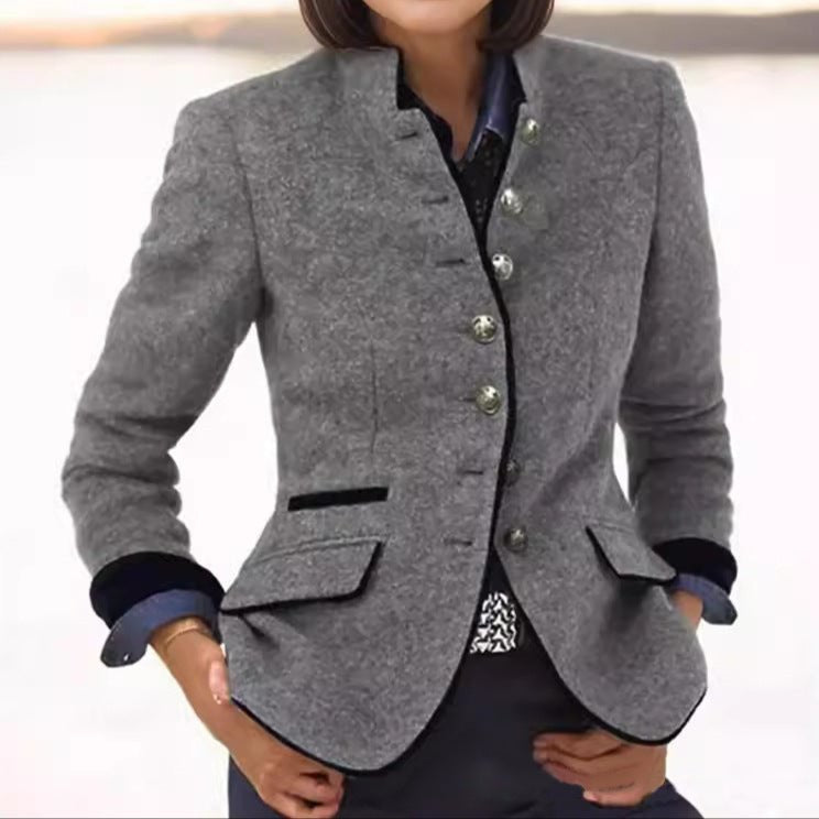 Madison | Women's Wool Blazer Stand-up Collar Button-Front Tailored Gray