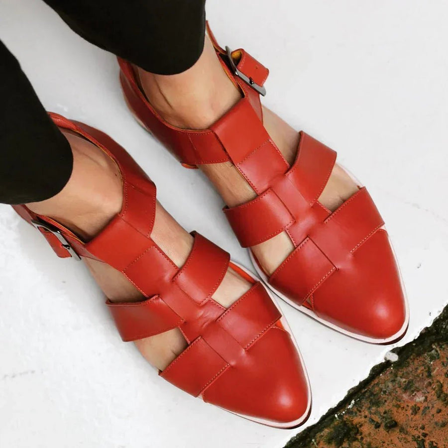 Isabella | Women's Woven Flat Sandals Buckle Strap Closed Toe Red