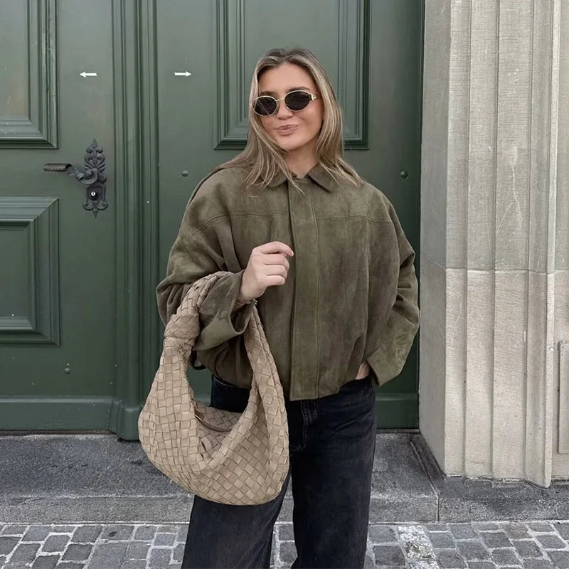Bella | Women's Oversized Cropped Bomber Jacket Green