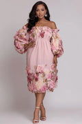 Xpluswear Design Plus Size Cocktail Party Pink Floral Off The Shoulder