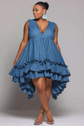 Xpluswear Design Plus Size Vacation Sundress Blue V Neck Ruffle