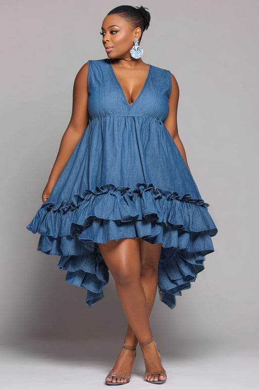Xpluswear Design Plus Size Vacation Sundress Blue V Neck Ruffle