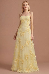 Yellow Floral Spaghetti Straps Appliqued Long Formal Dress