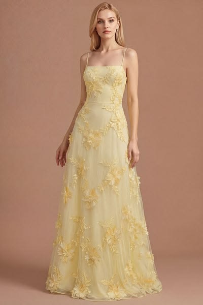 Yellow Floral Spaghetti Straps Appliqued Long Formal Dress