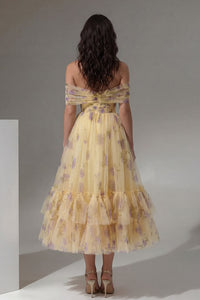 Yellow Flower Tulle A Line Off The Shoulder Maxi Ruffled Wedding Guest