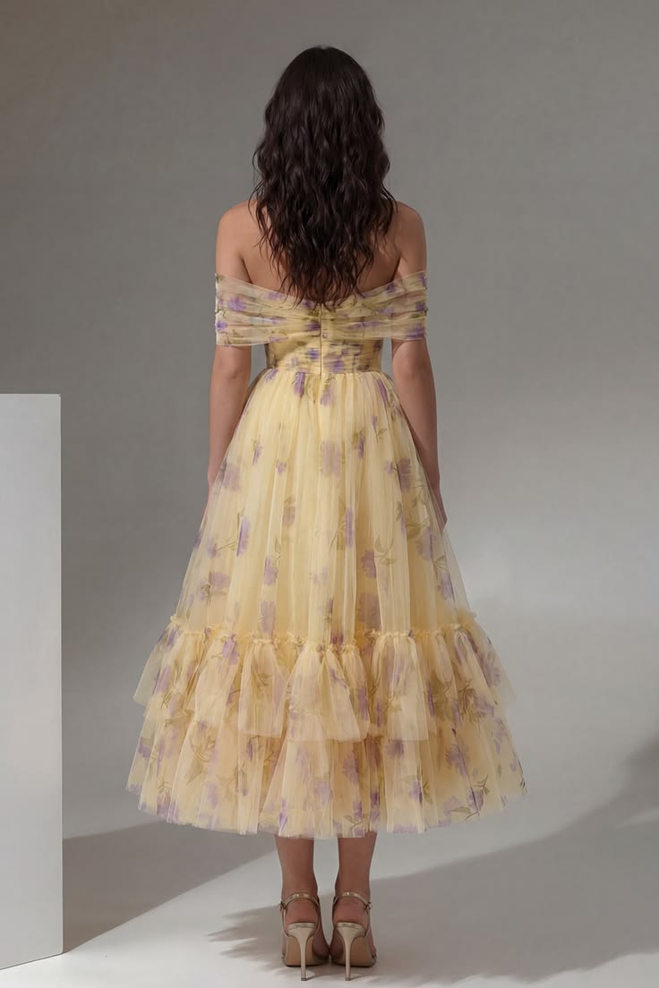 Yellow Flower Tulle A Line Off The Shoulder Maxi Ruffled Wedding Guest