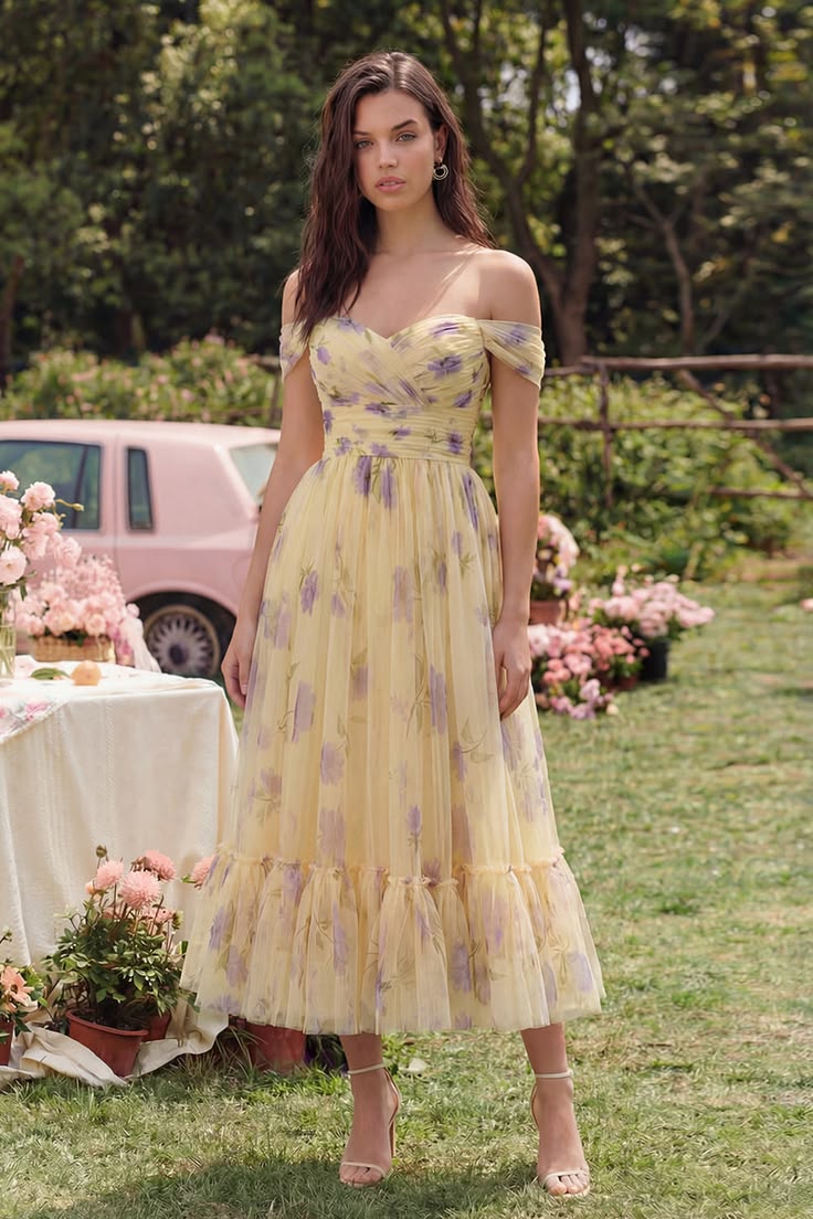 Yellow Gelbes A Linie Schulterfreies Midi Kleid Mit Ruschen Dress