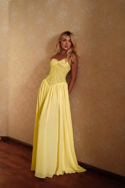 Yellow Glod Champage Chiffon Spaghetti Straps Sleeveless High Waist