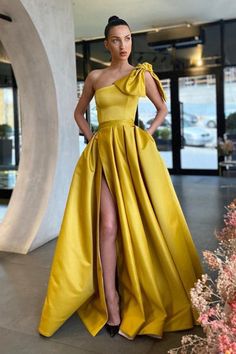 Yellow One Shoulder Prom Dress With Split And Pockets
