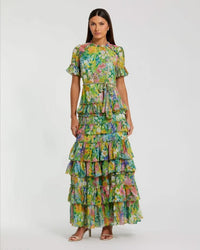 Yellow Sleeveless Floral Micro Ruffle Trapeze Midi Dress Mac Duggal