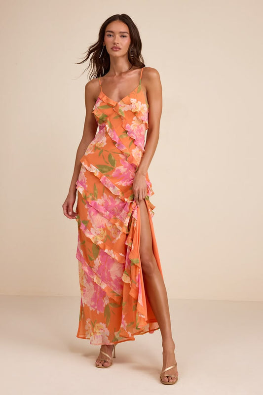 Zarina Orange Multi Floral Ruffled Maxi Dress