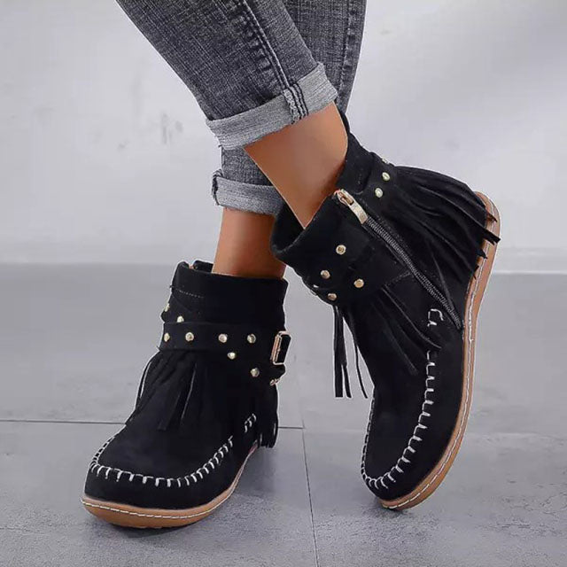 Zarina | Women's Fringe Flat Ankle Boots