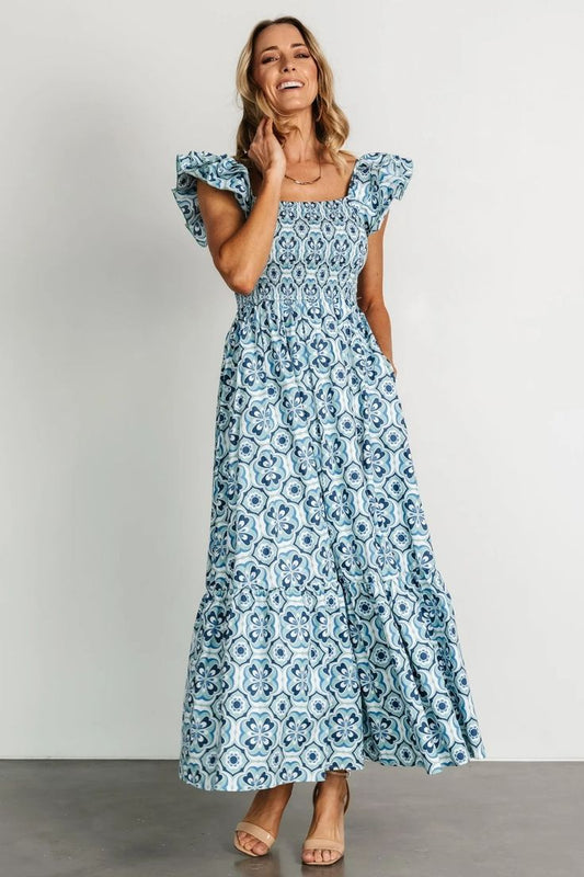 Zoey Smocked Maxi Dress Blue Floral, Cotton