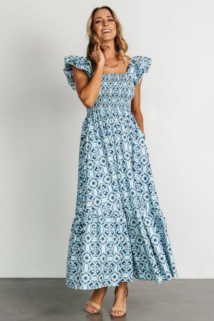 Zoey Smocked Maxi Dress Blue Floral, Cotton