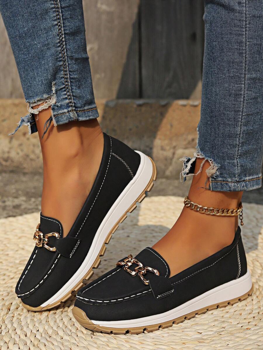 Zora | Women's Chain Detail Black Slip-On Loafers